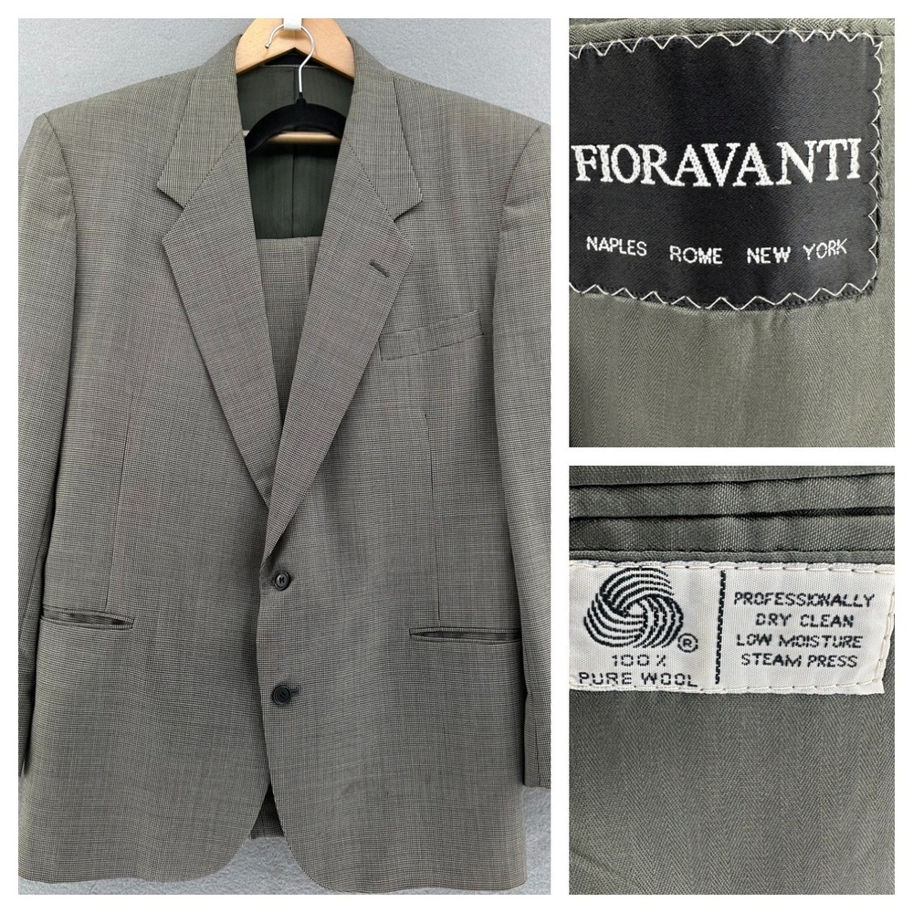 VTG Fioravanti Gray Wool Suit Set 2 Button Coat Pants Houndstooth Tailored 42L